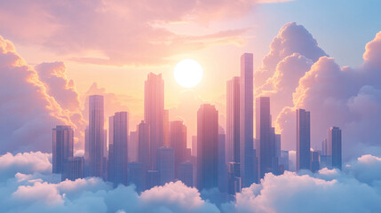 Fototapeta premium Floating City at Sunrise - A Dreamlike Cityscape