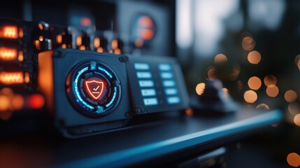 Close-up of a futuristic control panel with glowing indicators and blurred festive lights in background