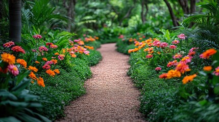 A lush garden path surrounded by vibrant flowers and lush greenery, inviting exploration and promising a delightful sensory experience