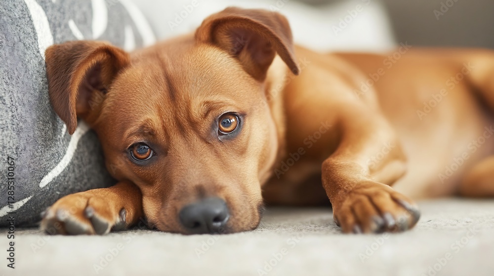 Poster adorable brown dog relaxing comfortably on soft cushion with expressive eyes at home : generative ai