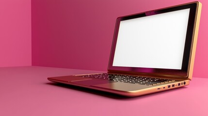 A sleek gold laptop positioned on a vibrant pink surface, showcasing its blank screen, ideal for tech presentations
