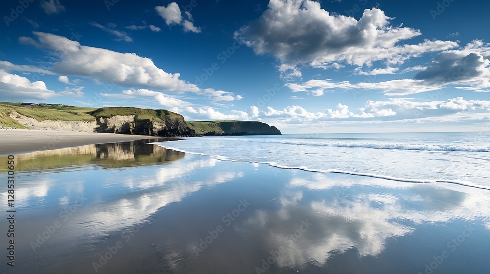 Poster breathtaking coastal view featuring sandy beach and dramatic cliffs beneath a blue sky with fluffy c