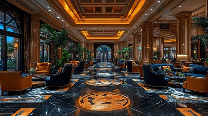 A luxurious casino lobby featuring digital signage promoting exciting online tournaments, inviting guests to join the action and experience the thrill of online gaming