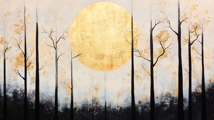Serene Abstract Landscape with Golden Sun and Bare Trees in Soft Colors : Generative AI