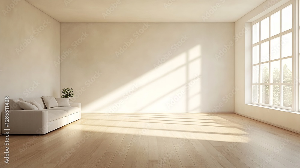 Aufkleber large empty modern living room with natural light streaming through windows and minimalistic decor :