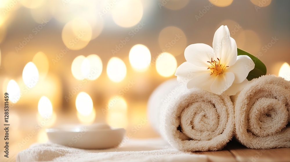 Poster relaxing spa setting with rolled towels and a flower surrounded by soft ambient light : generative a