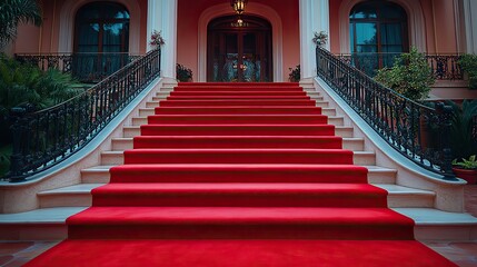 A luxurious red carpet leading up to elegant stairs, creating a grand entrance perfect for special events and formal occasions