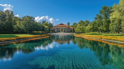 A serene landscape featuring a reflective pond, vibrant flowers, and a classical building.