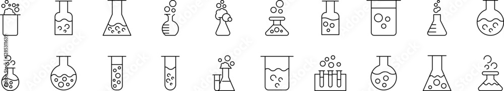 Poster laboratory flask bundle of related line icons. outline signs for graphic and web design, apps, adver