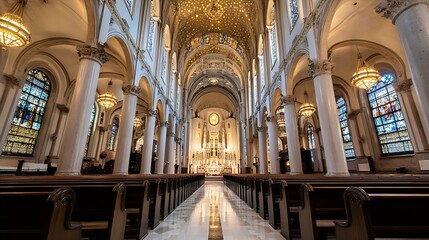 Majestic Interior of a Grand Church with Stained Glass Windows and Elegant Architecture : Generative AI