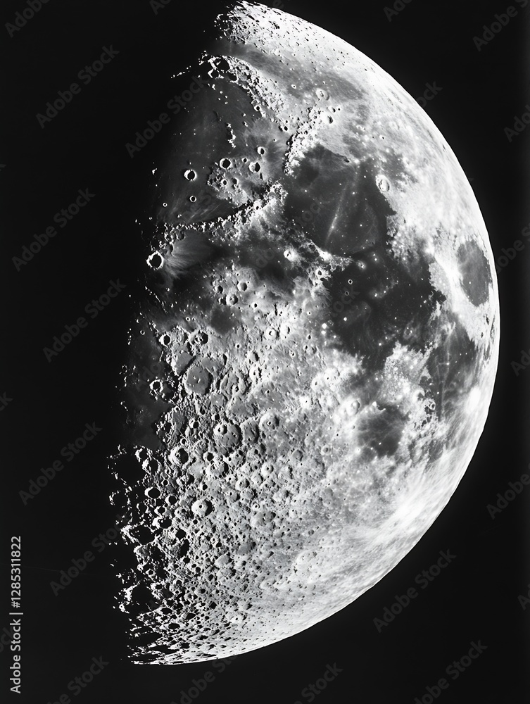 Poster detailed black and white image of the moon with visible craters and surface features : generative ai