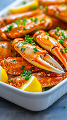Steamed crab claws with lemon, parsley garnish. Food photography for recipe websites