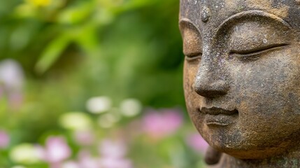 Obraz premium Serene close-up of a peaceful Buddha statue surrounded by soft greenery and flowers in a tranquil garden : Generative AI