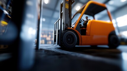 Close-up view of a forklift in a warehouse, with a worker operating it amidst stacked goods