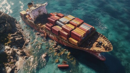 Container Ship Stranded on Rocky Coastline Surrounded by Clear Water