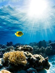 Naklejka premium Vibrant underwater scene featuring a tropical fish swimming over colorful coral reefs illuminated by sunlight : Generative AI