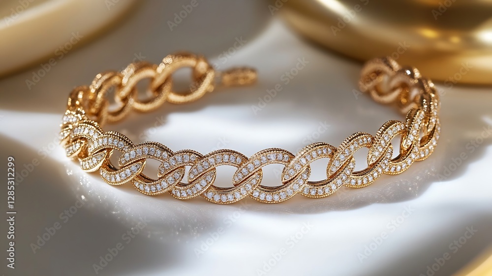 Poster Close up of an elegant gold bracelet with diamonds on a soft background : Generative AI