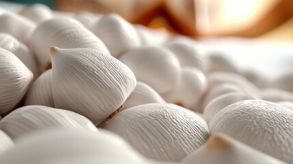 Obraz premium Close-up of a pile of textured white garlic bulbs on a soft surface with a warm background