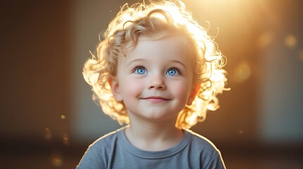 Fototapeta premium A joyful young child with curly blonde hair and bright blue eyes, looking up with wonder and innocence, illuminated by warm golden light, capturing the beauty of childhood and happiness