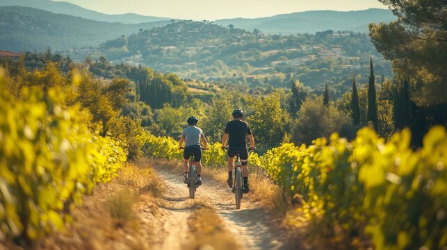 Cyclists enjoying mountain biking in vineyards during summer vacation in Provence