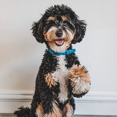 A photo of a happy, smiling, and intelligent purebred Toy Poodle sitting and giving its paw. The dog is on a white background generated by AI