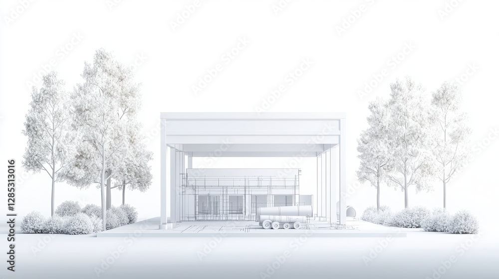 Poster a modern architectural rendering featuring a minimalistic structure amidst trees, emphasizing clean 