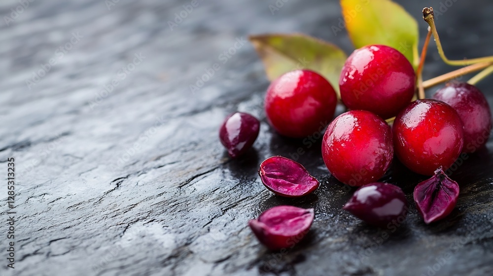 Poster fresh red cherries with leaves on a dark textured surface highlighting the richness of summer fruits