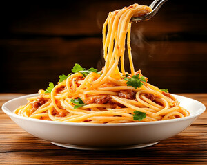 Steaming spaghetti bolognese in bowl, wooden background, food photography, recipe illustration