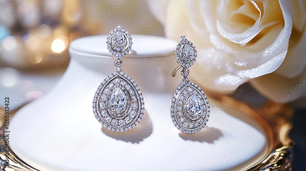 Poster Elegant Silver Earrings Displaying Intricate Design and Sparkling Elements Against a Romantic Backdrop : Generative AI