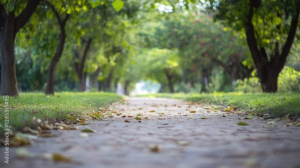 Aufkleber quiet pathway with sunlight glancing through trees and fallen leaves : generative ai