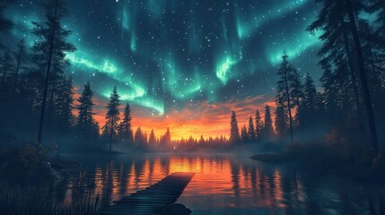 Fototapeta premium A magical forest at night with a sky full of shooting stars and the aurora borealis reflected in a lake, creating a breathtaking and awe-inspiring scene