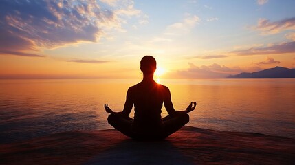 Meditative Man Silhouette Against Serene Sunset Over Ocean Creating Peaceful Atmosphere : Generative AI
