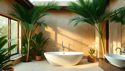 Fototapeta premium Luxurious Tropical Bathroom Oasis with Palm Trees – Bali-Inspired Interior Design