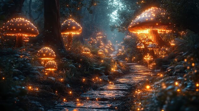 A magical forest path with glowing mushrooms and fairy lights, creating a mysterious and enchanting atmosphere perfect for fantasy and fairytale illustrations