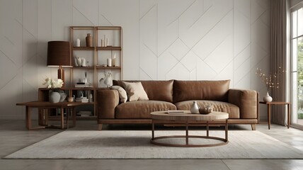 Living room interior with mocha brown mousse sofa and decor on empty white color wall background- 3D rendering.