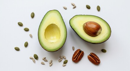 Halved Avocado with Seeds and Pecans on White Background Overhead Shot