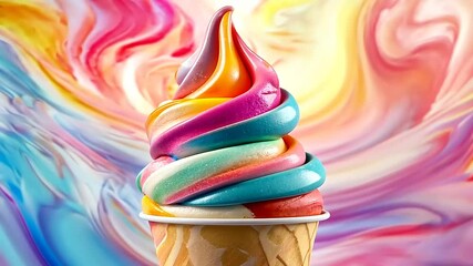 Colorful swirled ice cream cone against a vibrant abstract background, evoking joy and indulgence