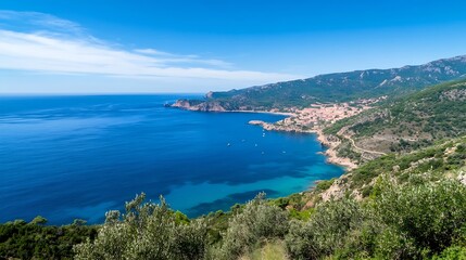 Fototapeta premium Breathtaking Coastal View Overlooking a Serene Blue Ocean and Green Hills : Generative AI