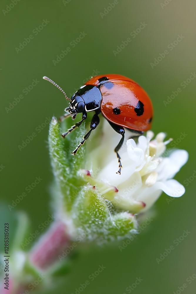 Aufkleber close up of a vibrant red ladybug perched on a green flower leaf against a soft background : generat