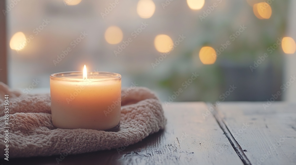 Leinwandbilder softly glowing candle on a wooden surface with warm bokeh lights in the background : generative ai