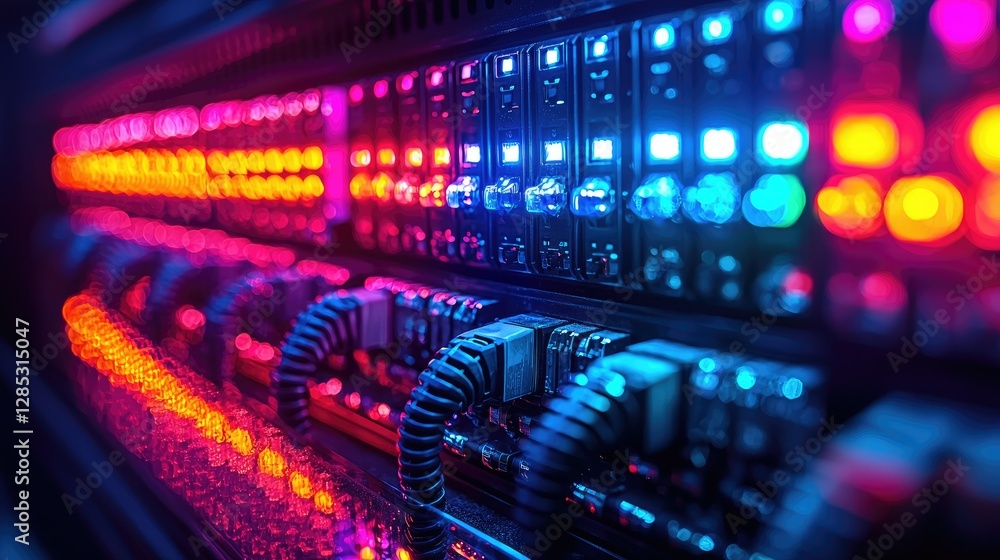 Poster illuminated server rack displays data center technology