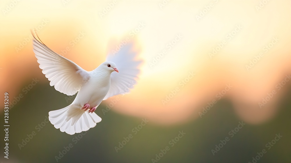 Poster majestic white dove in flight with gentle sunset background : generative ai
