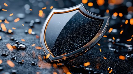 Shiny metallic shield reflecting light with sparks and particles, representing protection and security concepts in modern design.