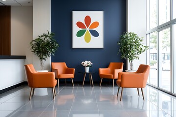 there are three orange chairs in a lobby with a painting on the wall
