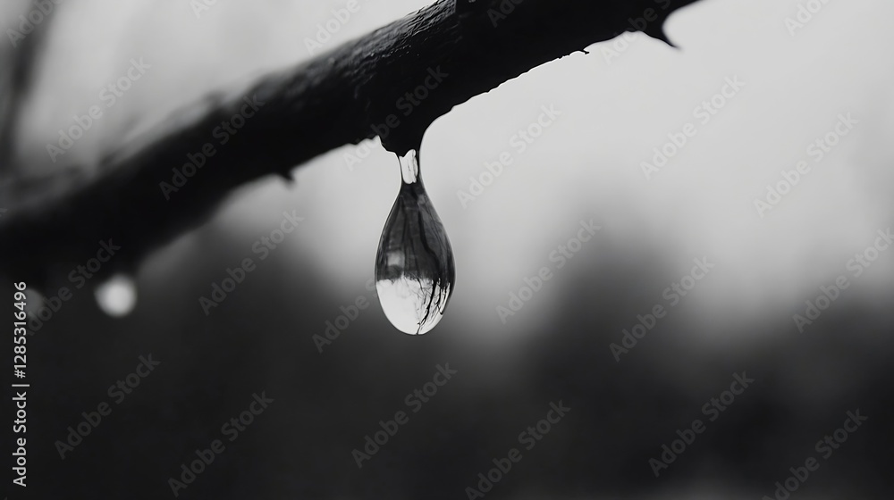 Poster artistic close up of a water droplet hanging from a branch in black and white : generative ai