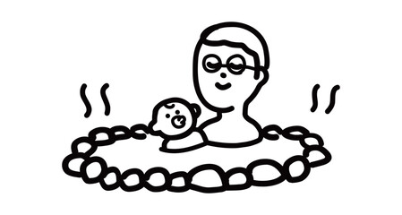 一緒に温泉でリラックスするお父さんと赤ちゃんの手書きベクターイラスト