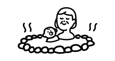 一緒に温泉でリラックスするおばあさんと赤ちゃんの手書きベクターイラスト