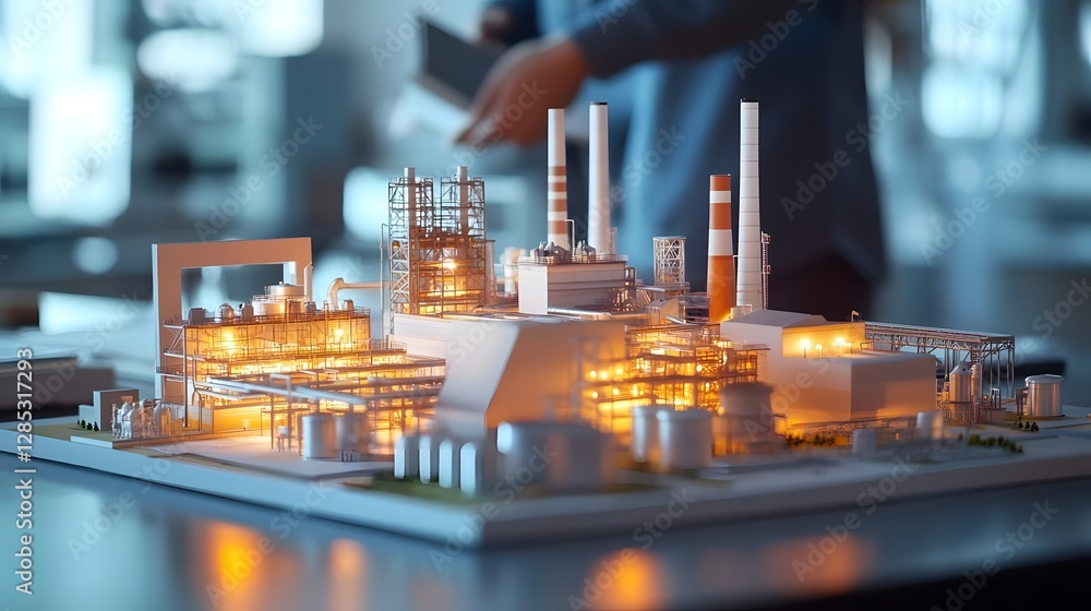 Poster industrial model showcasing a power plant with illuminated structures in a modern workspace setting
