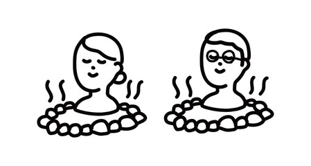 温泉に入ってリラックスするカップル・夫婦の手書きベクターイラスト