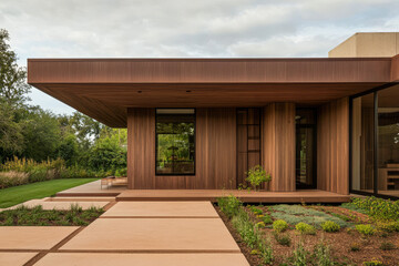 Modern architectural design showcases natural materials in a serene outdoor setting
